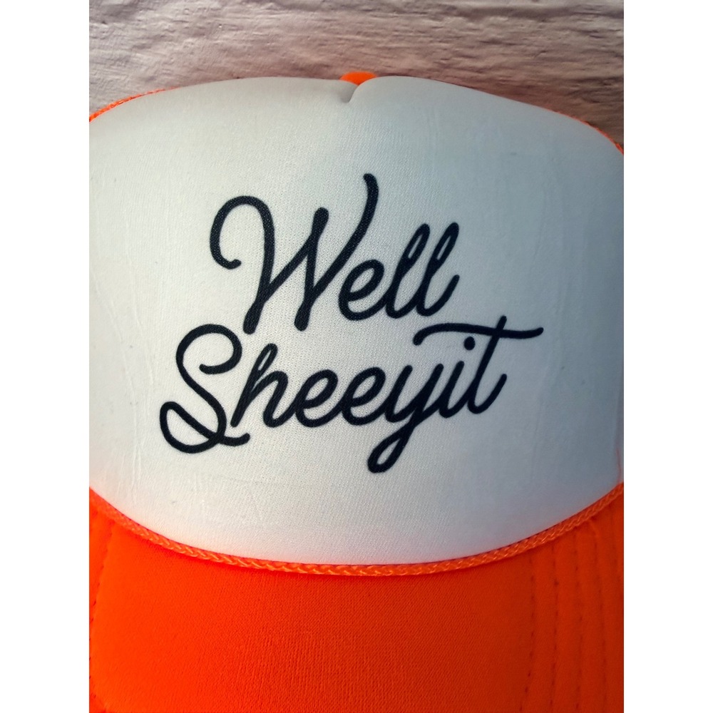 Well Sheeyit Neon Orange White Trucker Hat Snapback Mesh Cap Graphic Hat - Picture 2 of 5